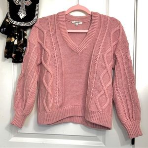 Madewell Blush Pink Augustus Cable Knit Cropped V Neck Sweater